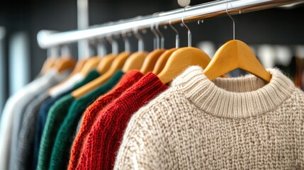 A visually appealing display of colorful knitted sweaters hanging in a retail shop, showcasing fashion trends and inviting a sense of warmth and comfort for the season.