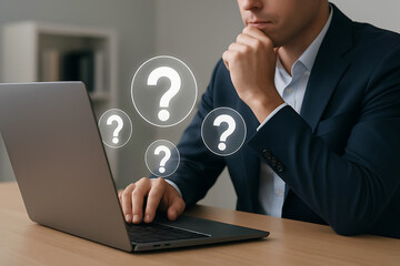 Businessman confused while using laptop, surrounded by glowing question mark icons