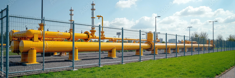 Aufkleber industrial pipeline system with yellow pipes and valves. modern pipeline infrastructure components a