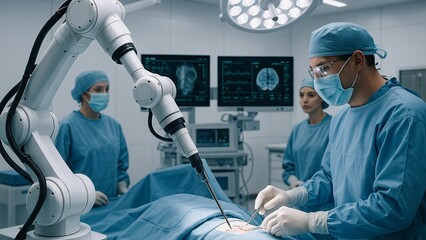 Professional medical team performing surgery using a modern surgical system with robotic arms in operating room, innovative technology in medicine