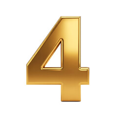 Gold-colored, three-dimensional, number four, isolated on white background.