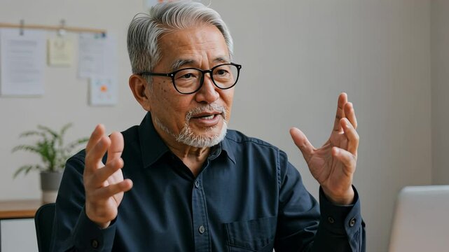 Senior asian man talking during video call looking at laptop screen. Older male remote work or online meeting footage.