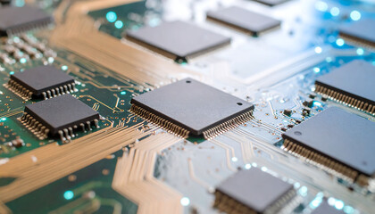 Macro shot of a printed circuit board with microchips. Illustrates technology, connectivity, and innovation. Ideal for themes related to computing and data.
