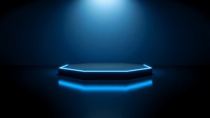 Dark blue octagonal platform with neon blue lights