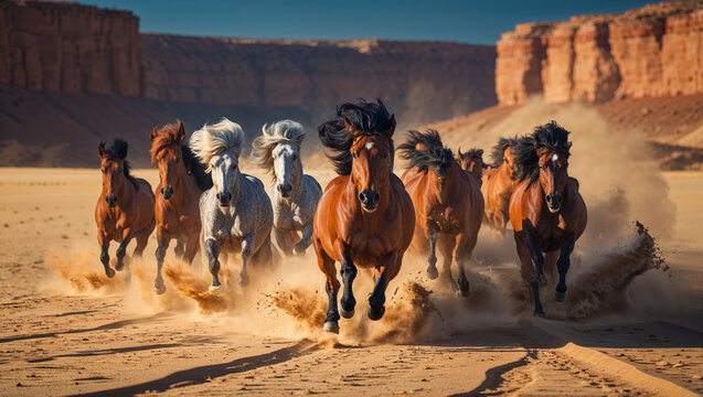 Majestic horses galloping across a desert landscape creating a cloud of dust with earth tone background - Powered by Adobe
