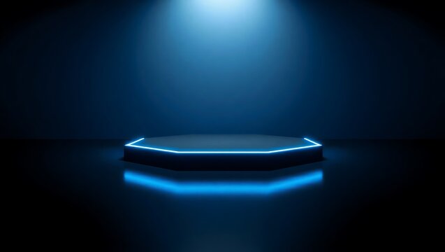 Dark blue octagonal platform with neon blue lights