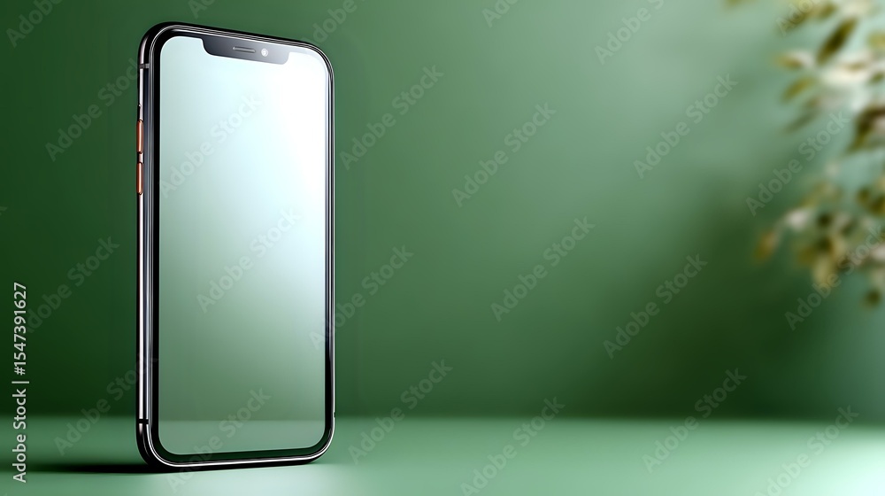 Poster modern smartphone with blank screen on green background with soft natural shadows and blurred plant 