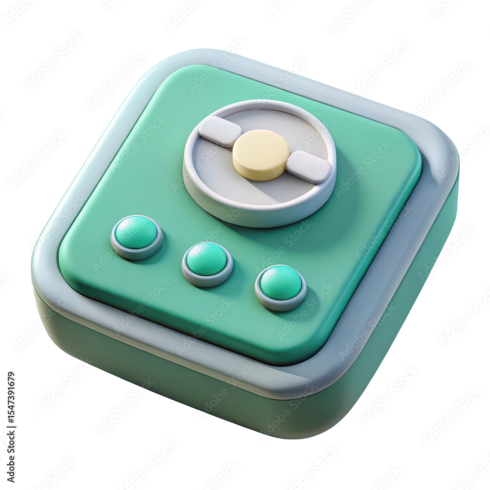 Poster cartoonish green electronic device with round buttons and a circular controller 3d rendering plastic