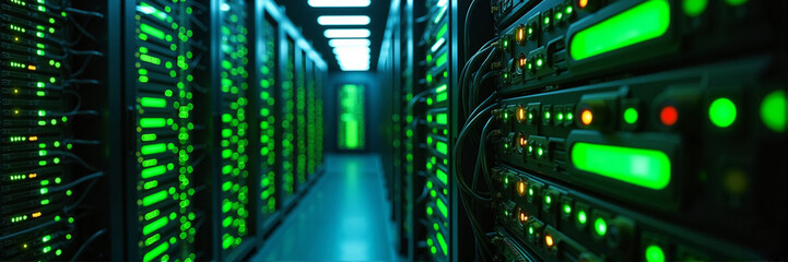 Data center server room with glowing green lights.  Rows of powerful servers and network equipment illuminate data center.