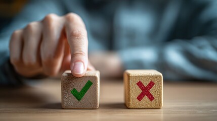 Person Placing Green Checkmark on Wooden Block Symbolizing Approval and Success in Decision Making and Positive Reinforcement in Everyday Life