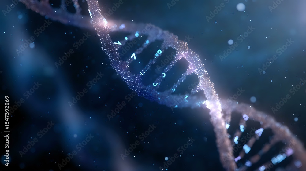 Aufkleber glowing dna helix structure with blue and pink luminescent particles floating in dark space, showing