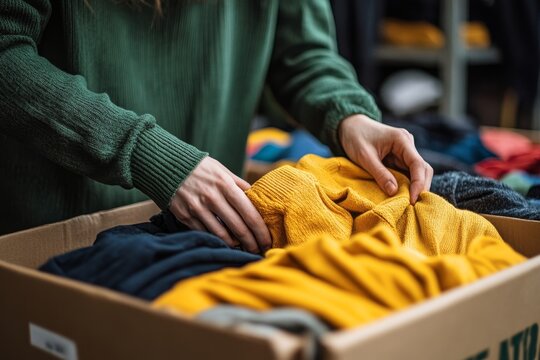 Person separating clothes for donation into boxes, preparing to give them to charity volunteers, Generative AI