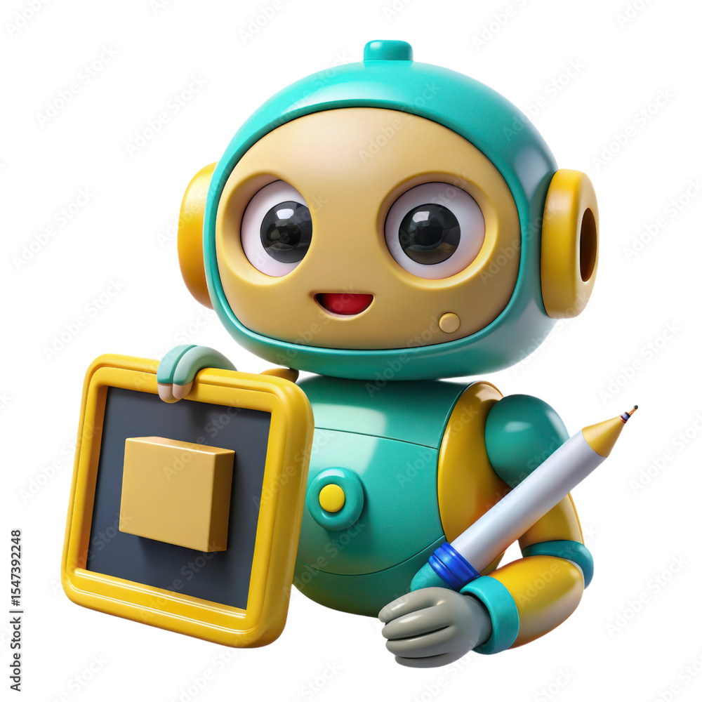 Poster cute robot holding a board and pencil 3d rendering plasticstyle icon isolated on transparent backgro