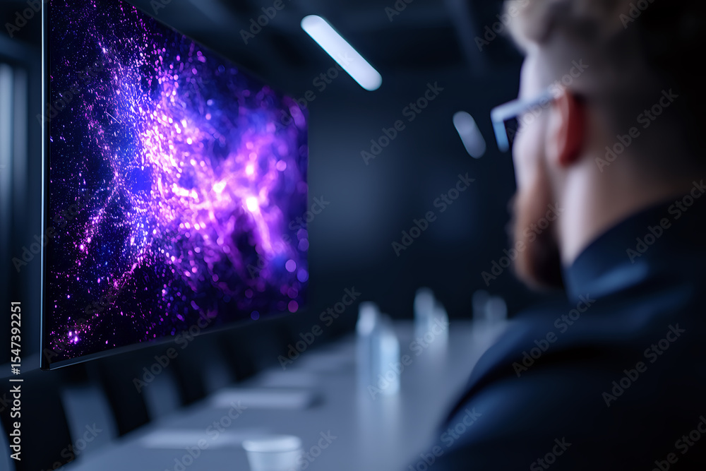 Poster professional in glasses observing glowing purple data visualization on computer screen, digital part