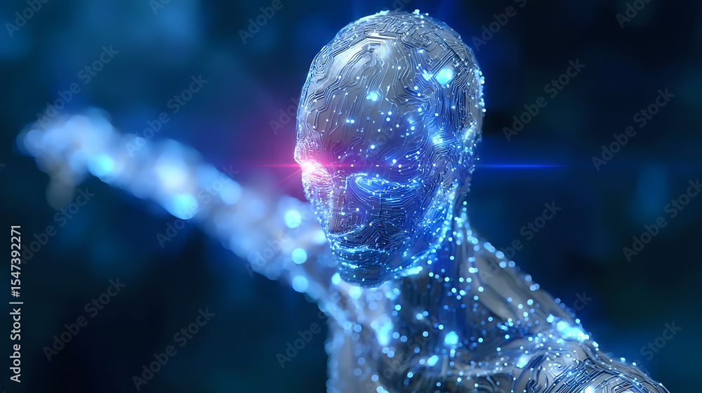 Poster glowing translucent human figure with constellation-like light points against dark background, repre