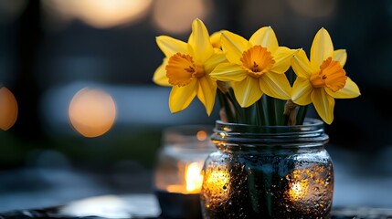 Yellow daffodils in blue mason jar with glowing candles creating romantic evening atmosphere, soft bokeh lights in background for spring decoration.