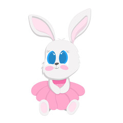 Vector illustration of cute gray rabbit with big blue eyes, dressed in pink tutu on white background.