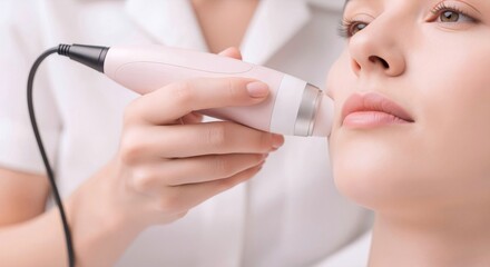 Woman getting a hardware facial treatment in a beauty salon. Cosmetologist doing a rejuvenation procedure for a client. RF lifting or ultrasound therapy for anti aging