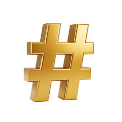 A shiny, golden hashtag symbol isolated against a clean white background.