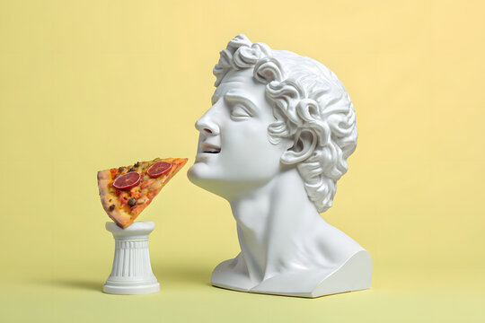 Classical marble statue head about to eat pizza slice on pedestal against pastel yellow background, surreal concept - Powered by Adobe