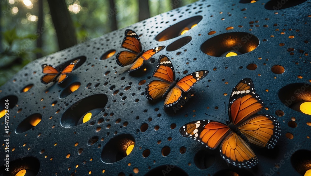 Poster golden butterflies resting on a textured surface with light shining through holes in a forest settin