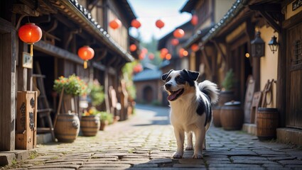 Obraz premium A joyful dog stands in a charming village street adorned with red lanterns and traditional wooden structures