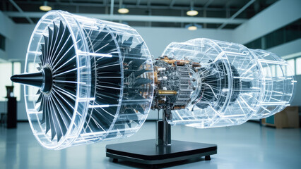 Transparent jet engine model modern technology display