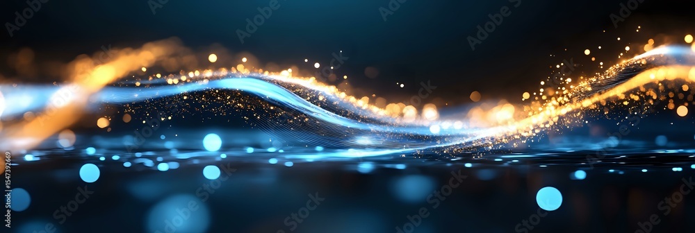 Poster glowing magical wave with sparkling light trails and bokeh effects on dark blue background, abstract