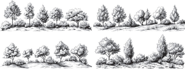 Trees and Bushes Border Set Vector Illustration.