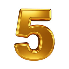 Naklejka premium A gleaming, three-dimensional gold number five, rendered with a polished, metallic sheen against a stark white background.