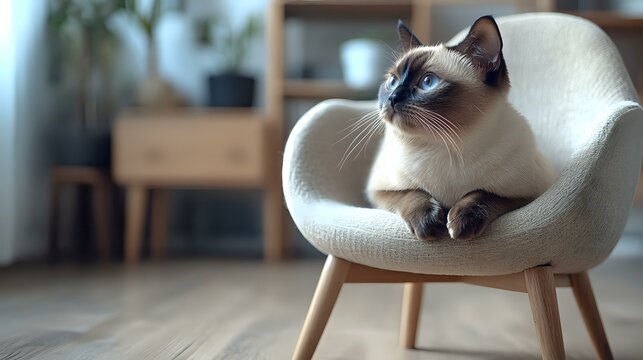 Siamese cat with blue eyes relaxing in modern white armchair against blurred home interior background, showcasing elegant feline lifestyle and contemporary decor.