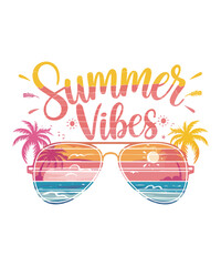 Summer Vibes Beach Sunset T-shirt Design with Sunglasses and Palm Trees Illustration.