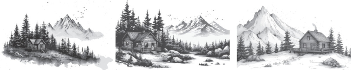 Cabin in Mountain Landscape. Vector Illustration