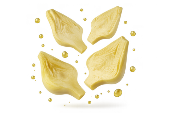 Delicious artichoke hearts floating, isolated on a transparent background. Ready to use.