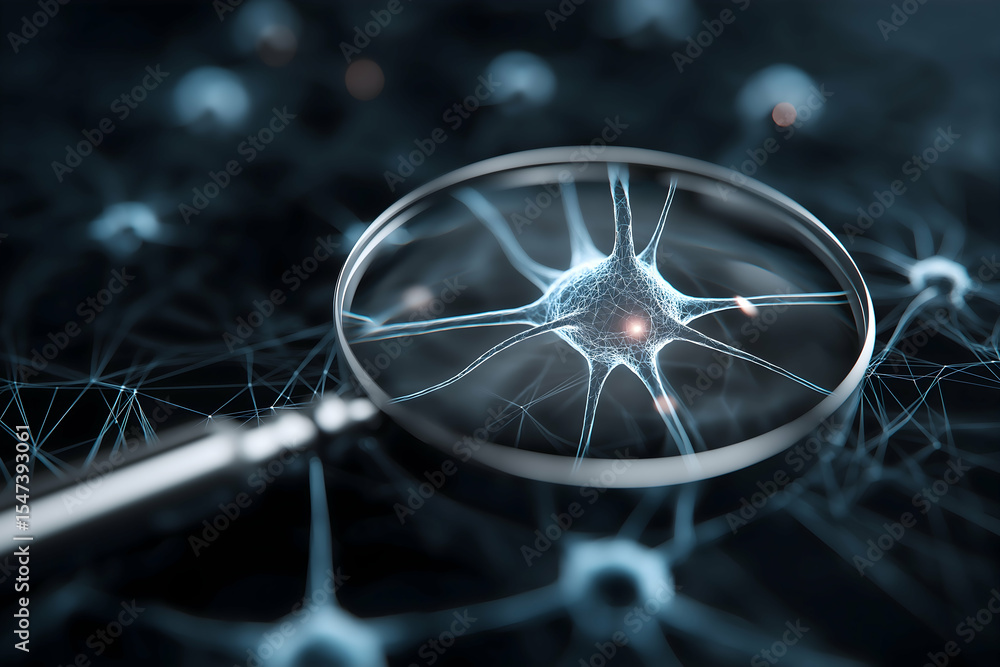 Poster a close-up of a neuron under a magnifying glass, highlighting intricate neural connections in a dark