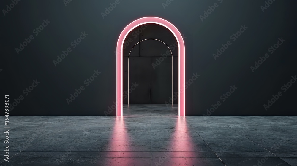 Poster Glowing pink neon arch doorway on dark concrete floor with reflection, creating mysterious portal effect in empty minimalist space. Modern architectural design element.