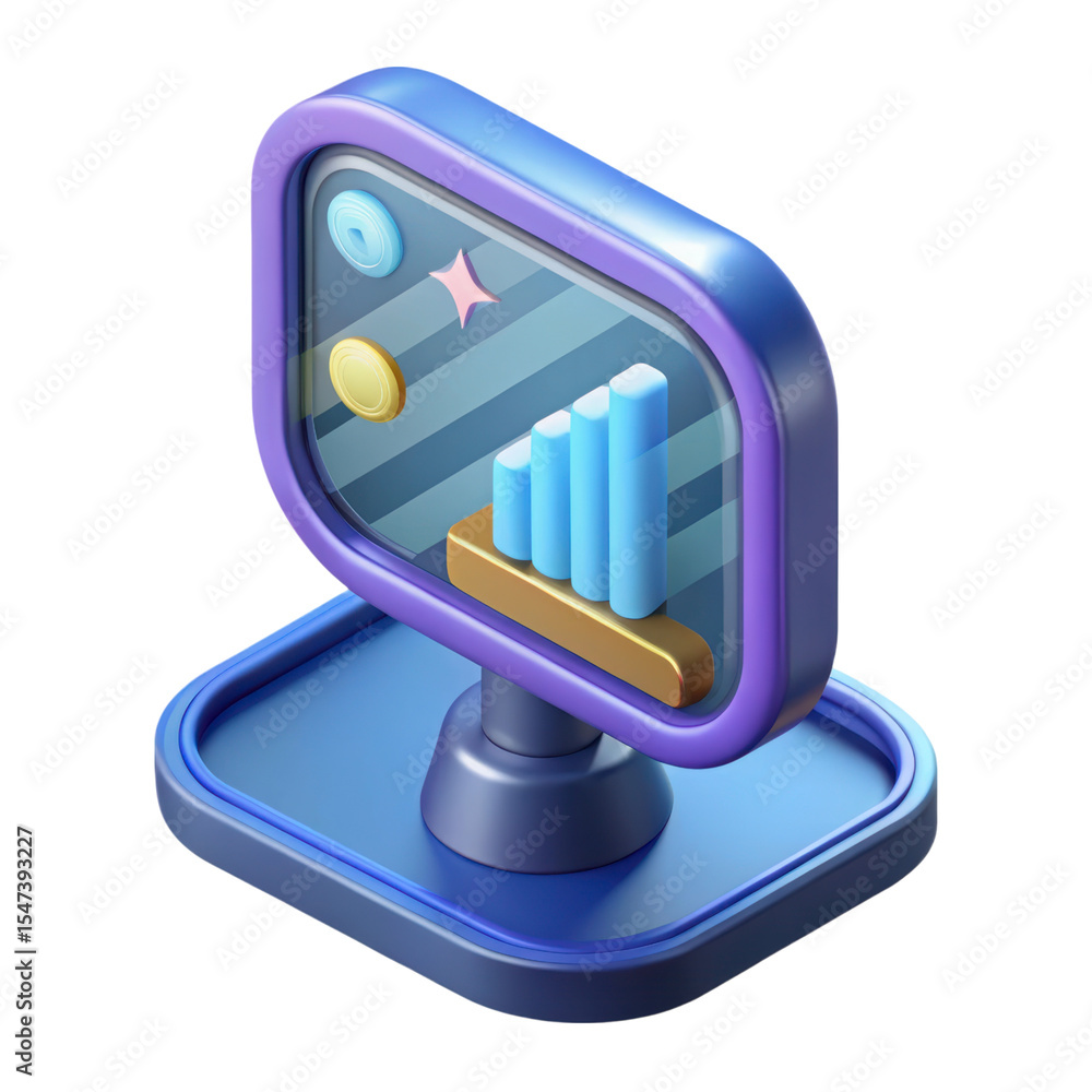Poster isometric business graph with coin and star 3d rendering plasticstyle icon isolated on transparent b
