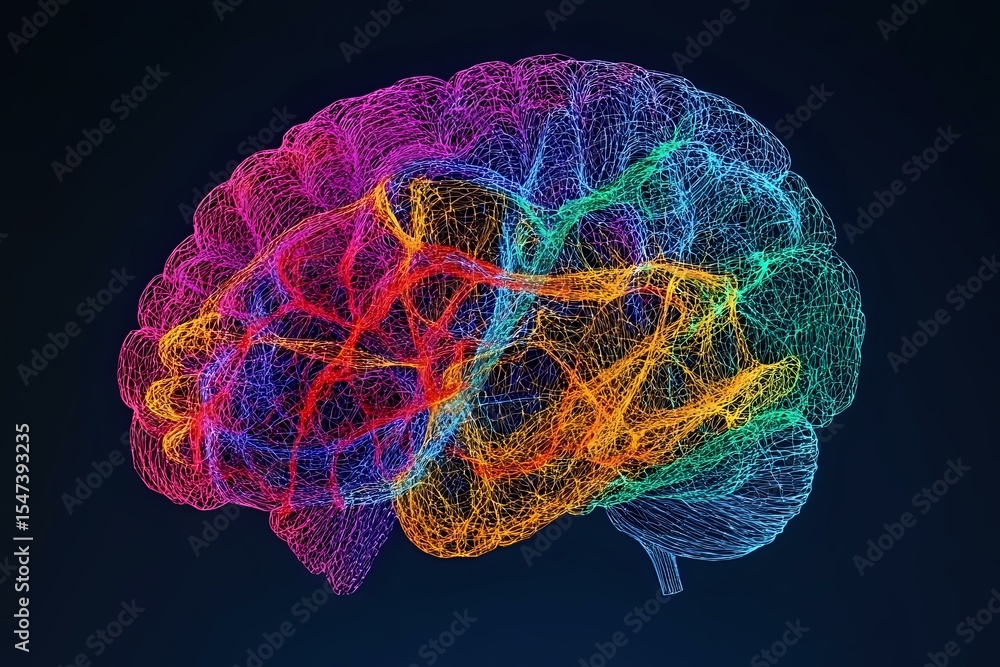 Poster colorful glowing brain visualization with rainbow neural network pattern on dark background shows me