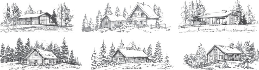 Cabin sketches vector set. Isolated on white background.