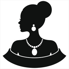 ( Opera-length necklace) Elegant Profile Vector Silhouette of a Woman with Jewelry/A sophisticated black and white silhouette of a woman in profile view, adorned with a pearl necklace and earrings.