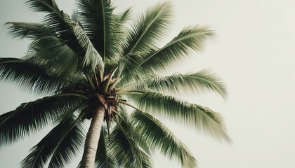 Close-up of a coconut tree with dark green leaves and a strong trunk against a white background.