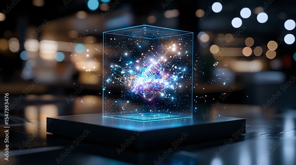 Poster glowing cosmic nebula hologram in transparent cube display on dark surface with bokeh lights backgro