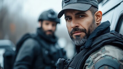 Fototapeta premium A tactical officer stands confidently with a serious expression, showcasing strength, readiness, and the dedication of professionals ensuring safety in high-stakes environments.