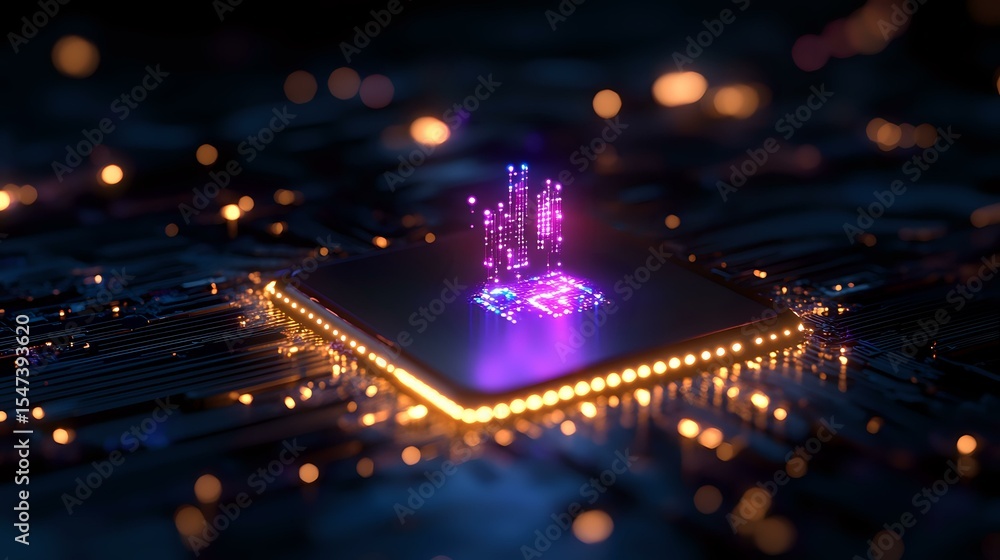 Poster glowing purple microprocessor chip with digital circuits and light effects on dark background, futur