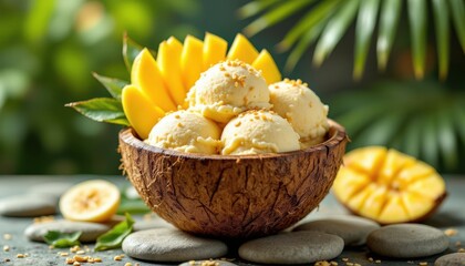 Tropical fruit ice cream served in coconut bowl with mango slices  