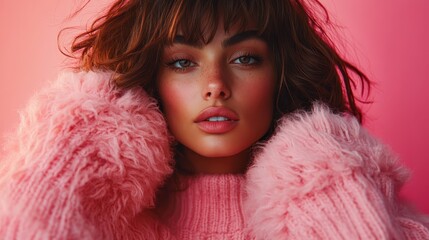 A striking portrait of a young woman with luscious hair and a vibrant pink sweater, capturing beauty and emotions in a playful yet sophisticated manner with soft background.