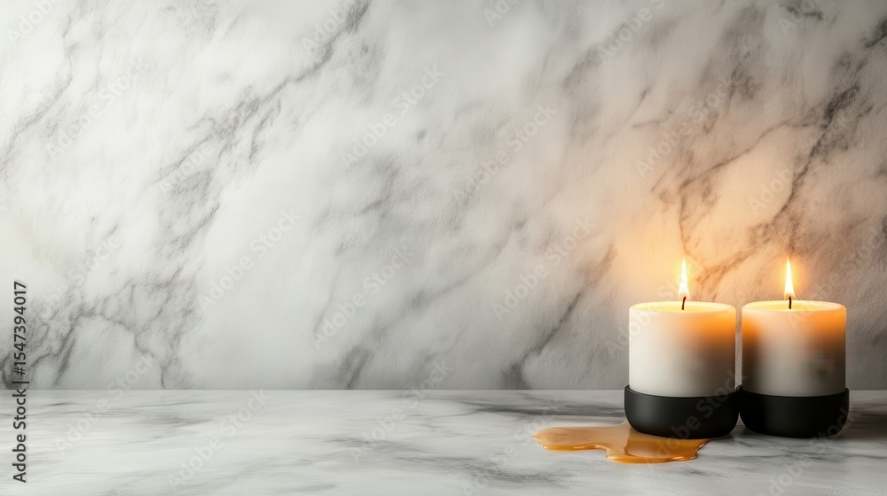 Poster two flickering candles on a marble surface create an atmosphere of calm and tranquility, perfect for