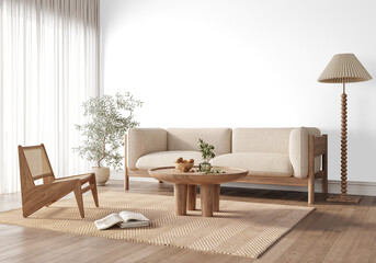 Transparent wall Scandinavian interior PNG mockup with sofa, rug, armchair, coffee table, olive...