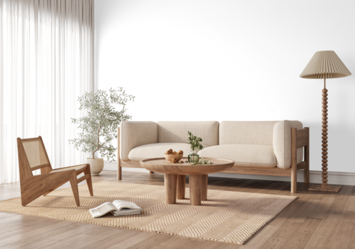 Transparent wall Scandinavian interior PNG mockup with sofa, rug, armchair, coffee table, olive tree and daylight curtain, top angle composition with Realistic Shadows – 3D render
