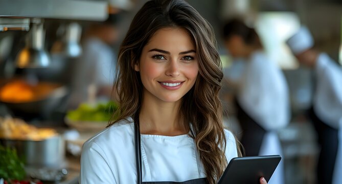 Young female restaurant worker in white apron holding digital tablet, smiling warmly at camera. Professional hospitality staff in modern dining establishment background.